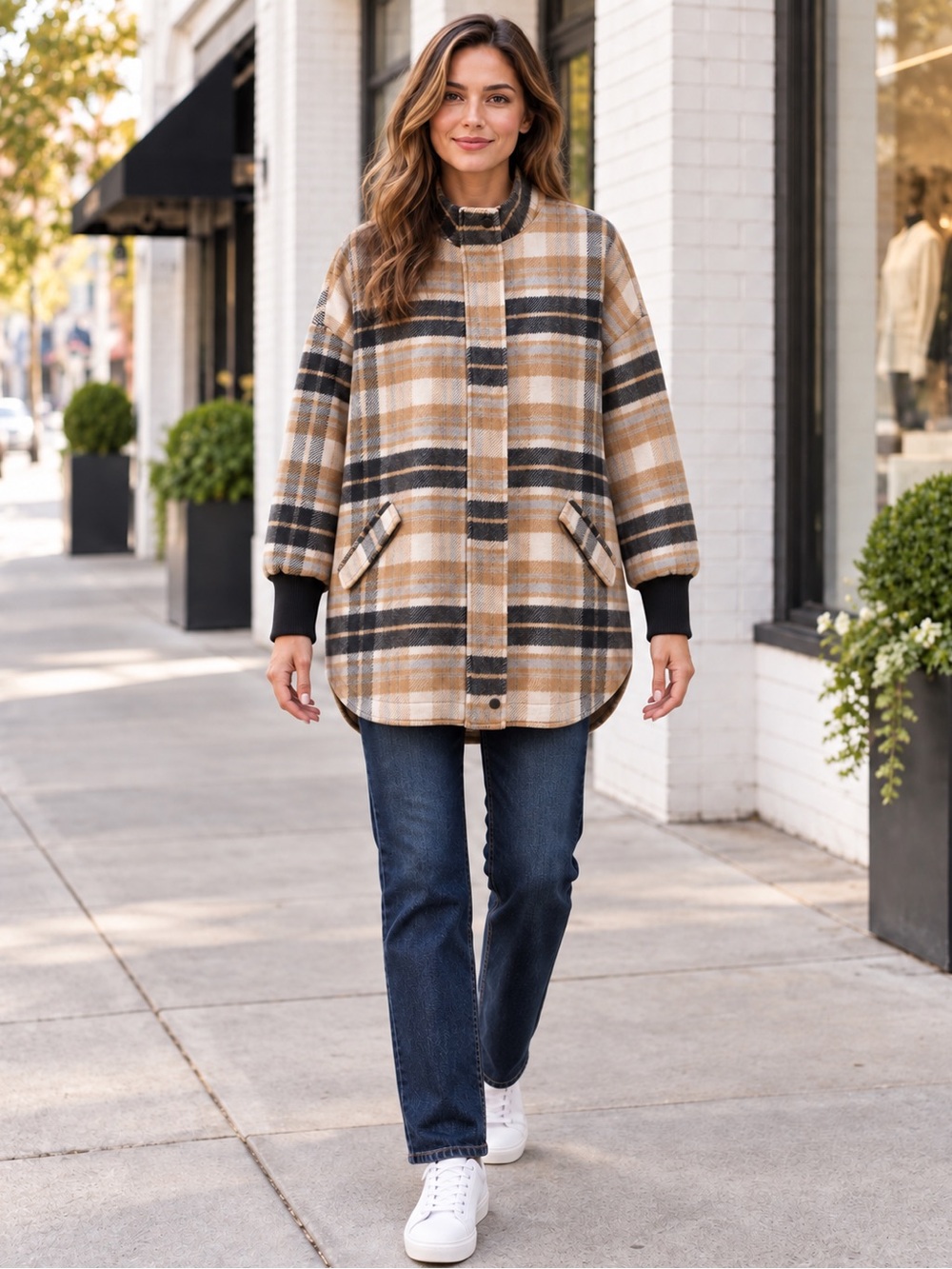 New blue b Yellow Cream Charcoal Gray Plaid Zip Up Comfy Shacket Jacket Coat